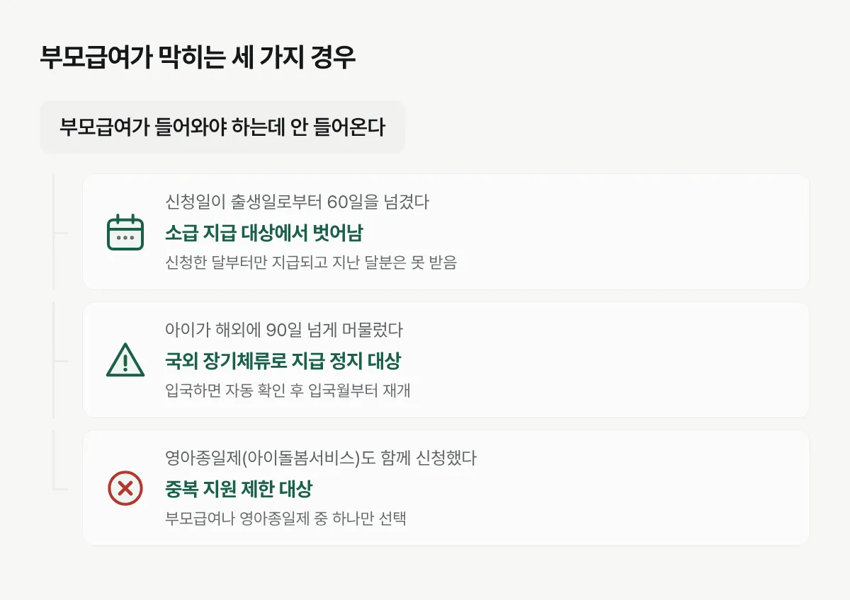 자격이 되는데도 부모급여가 지급되지 않는 세 가지 상황과 원인을 보여주는 그림