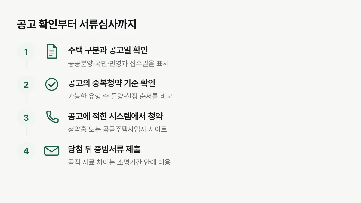 입주자모집공고 확인, 한 유형 선택, 청약, 서류 제출의 네 단계를 보여주는 그림