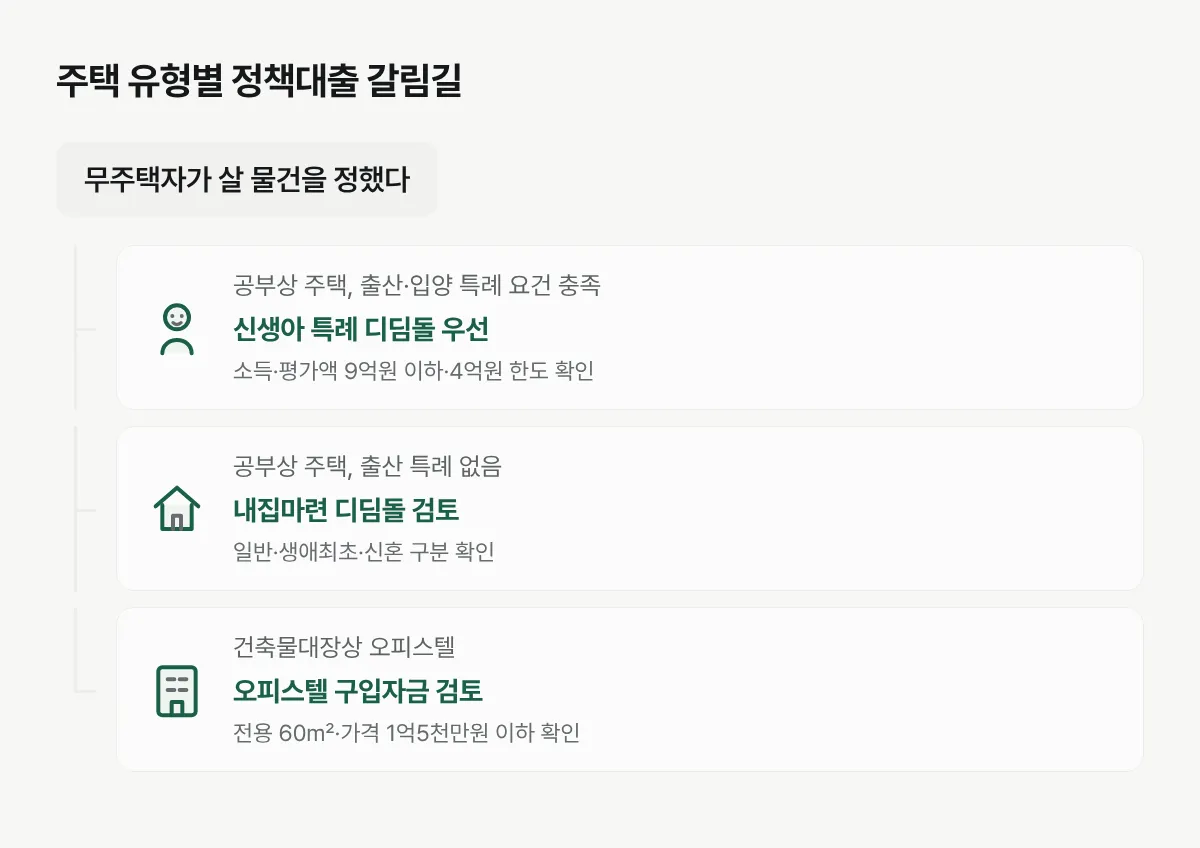 구입하려는 물건의 건축물대장 용도와 출산 시점에 따라 확인할 정책대출을 나눈 그림